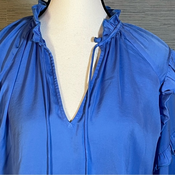 MANGO Blue Solid Tie-Up Neck Ruffles Detail Satin Blouson Top Women’s Size 10 - Picture 4 of 11